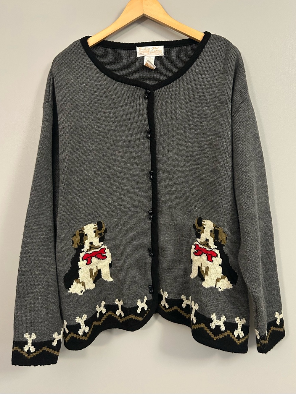 Tally Ho Dogs Black and Gray Knit Cardigan Label View 3X Bone Buttons Vintage